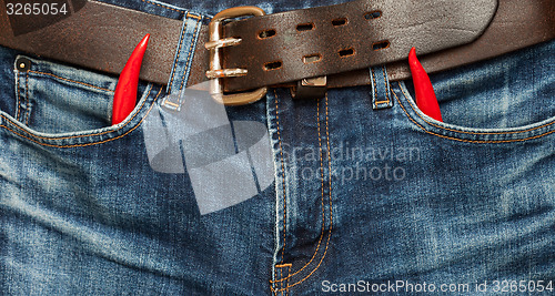 Image of jeans with red chili pepper