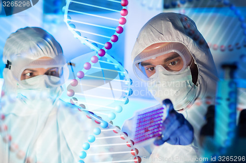 Image of close up of scientists making test in chemical lab