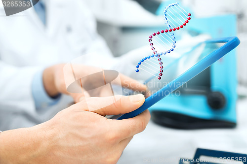 Image of close up of scientists hands with tablet pc in lab