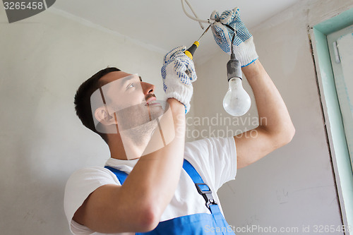 Image of builder with tablet pc and equipment indoors