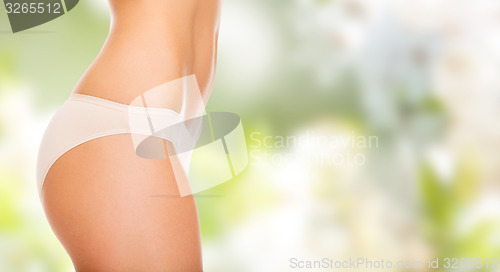 Image of close up of slim woman tummy and hips in underwear