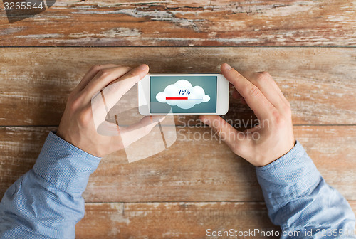 Image of close up of hands with smartphone cloud computing