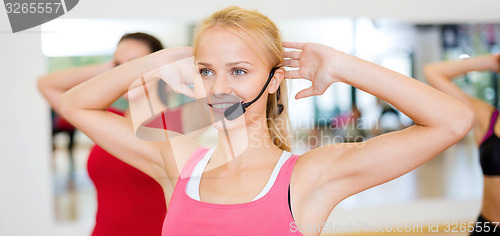 Image of group of smiling people exercising in the gym