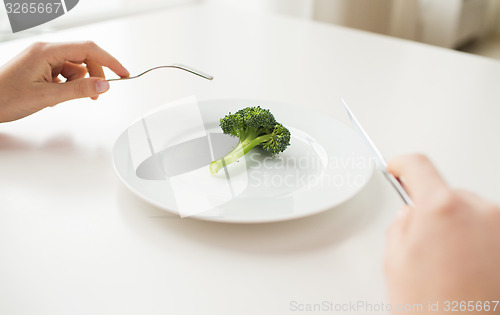 Image of close up of woman hands eating broccoli