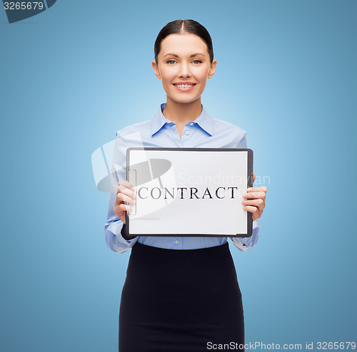 Image of smiling businesswoman with contract