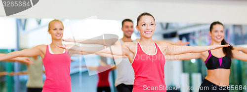 Image of group of smiling people exercising in the gym