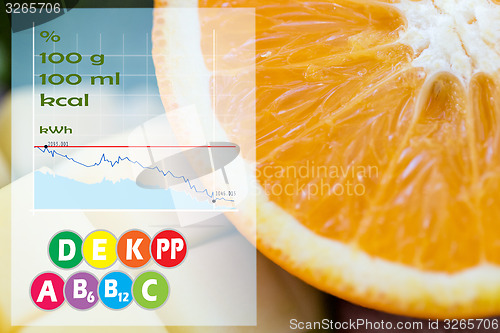 Image of close up of orange with calories and vitamins