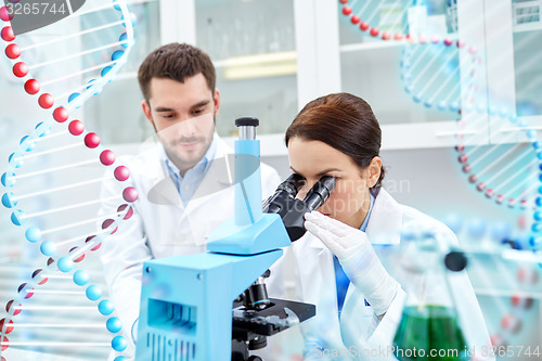 Image of scientists with microscope making test in lab