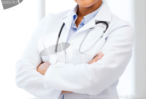 Image of african female doctor in hospital