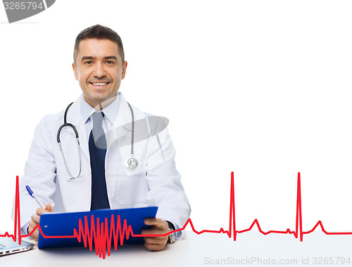 Image of happy doctor with clipboard and cardiogram pattern