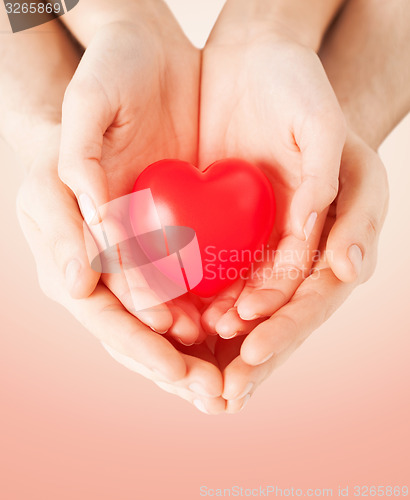 Image of close up of couple hands holding red heart