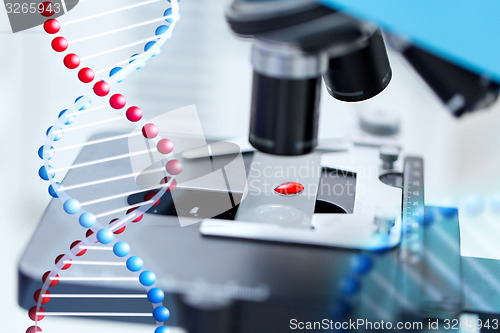 Image of close up of microscope and blood sample in lab