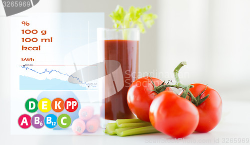 Image of close up of fresh juice and vegetables on table