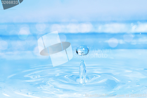 Image of blue water drop, splash with bokeh