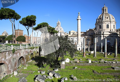 Image of Traian column and Santa Maria di Loreto in Rome, Italy