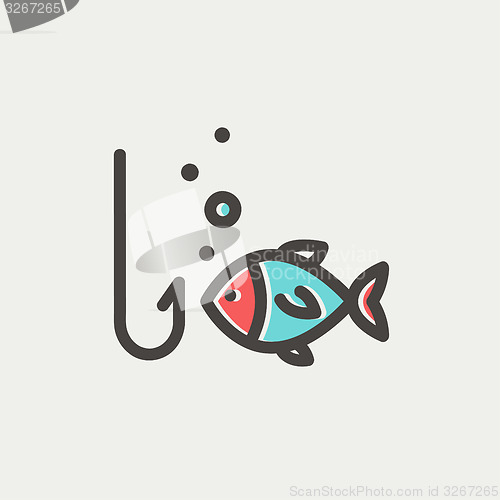 Image of Fish is looking on a fish hook thin line icon