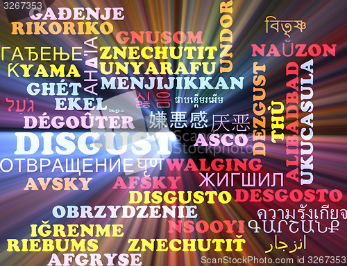 Image of Disgust multilanguage wordcloud background concept glowing