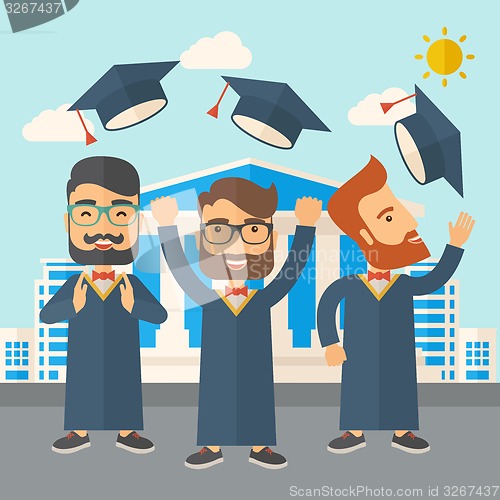 Image of Three men throwing graduation cap.