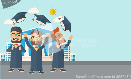 Image of Three men throwing graduation cap.