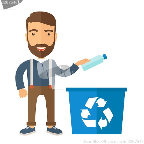 Image of Man throwing plastic container into recycle can