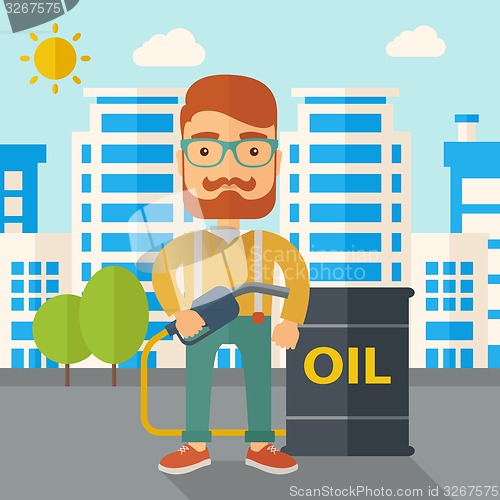 Image of Businessman with oil can and pump.