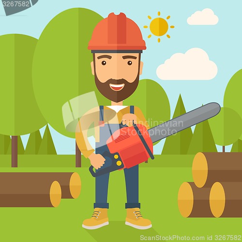 Image of Lumberjack cuts a tree by chainsaw