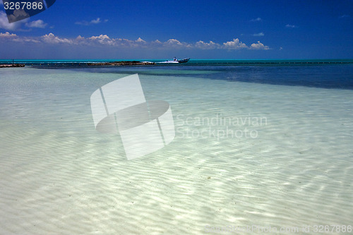 Image of mexico lagoon\'s isla contoy and  motor-boat