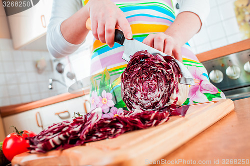 Image of Woman\'s hands cutting red cabbage