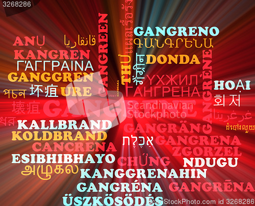 Image of Gangrene multilanguage wordcloud background concept glowing