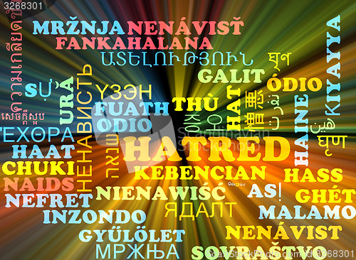 Image of Hatred multilanguage wordcloud background concept glowing