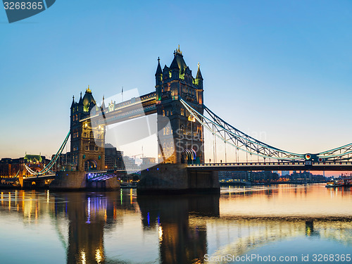 Image of Tower bridge in London, Great Britain at sunrise