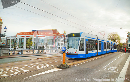 Image of Tram near the Nationale opera and ballet building in Amsterdam