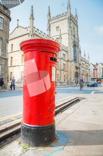 Image of Famous red post box on a street in Cambridge, UK