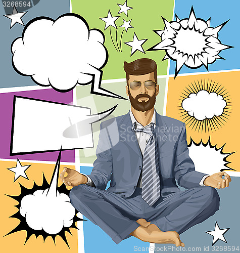 Image of Businessman Hipster in Lotus Pose Meditating With Bubble Speech