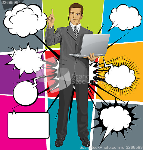 Image of Vector Business Man Shows Something With Finger And Bubble Speec