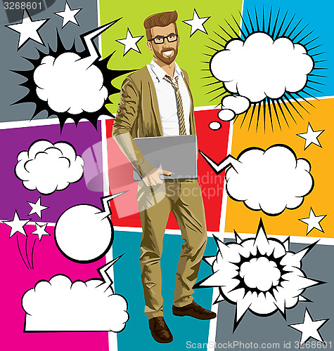 Image of g-businessman hipster with laptopr And Bubble Speech