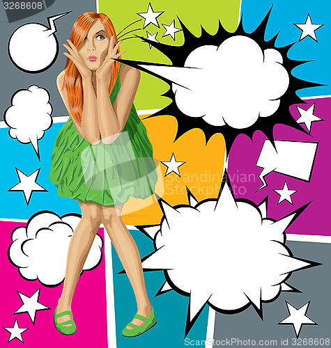 Image of Vector Surprised Red in Green Dress With Set Of Speech Bubble