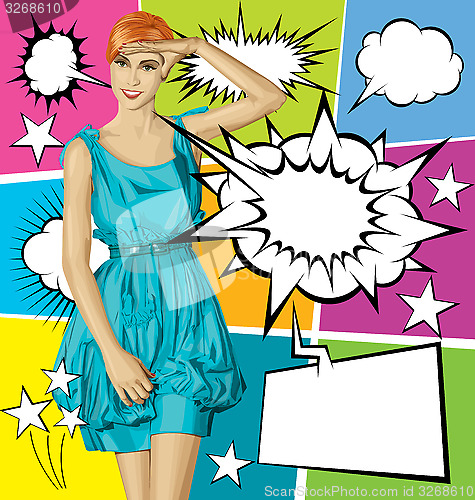 Image of Vector Surprised Blonde in Blue Dress With Set Of Speech Bubble