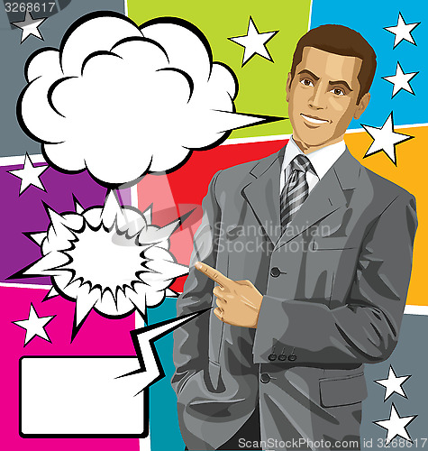 Image of Vector Business Man Show Something With Finger And Big Set Of Bu