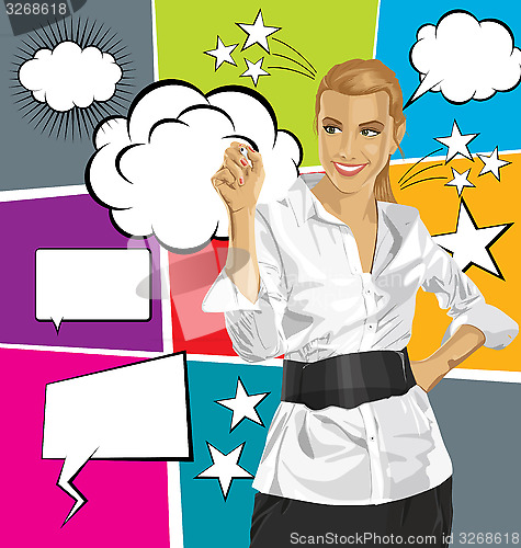 Image of Vector Business Woman Writing Something With Bubble Speech