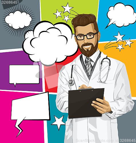 Image of Vector Hipster Doctor Man With Clipboardr And Bubble Speech
