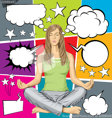 Image of Vector woman meditating in lotus pose with set of speech bubble