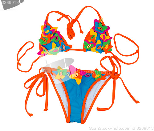 Image of Orange with blue swimsuit with a pattern of a butterfly.