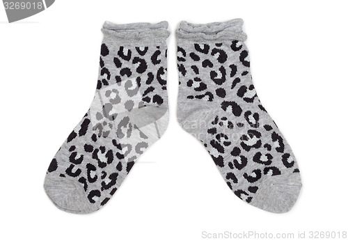 Image of Pair of gray socks with black pattern.