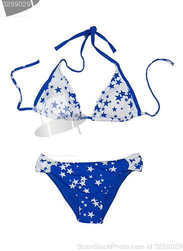 Image of Blue with stars fashionable swimsuit. Bra and panties.