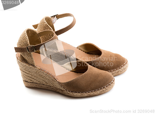 Image of pair of brown suede women\'s shoes.