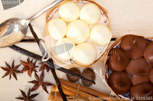 Image of chocolate vanilla and spices cream cake dessert 