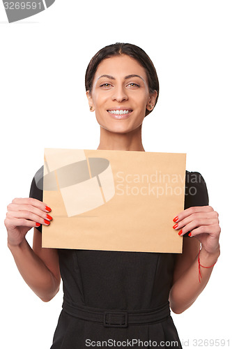 Image of Smiling business woman showing envelope