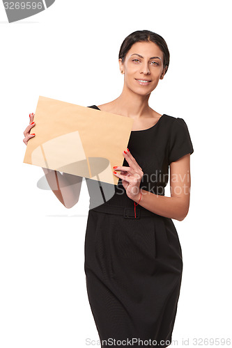Image of Smiling business woman showing envelope