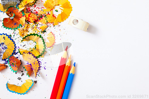 Image of colored pencil, shavings and sharpener